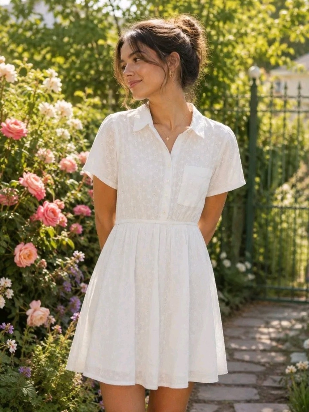 Anthropologie White Short-Sleeve Eyelet Mini Dress